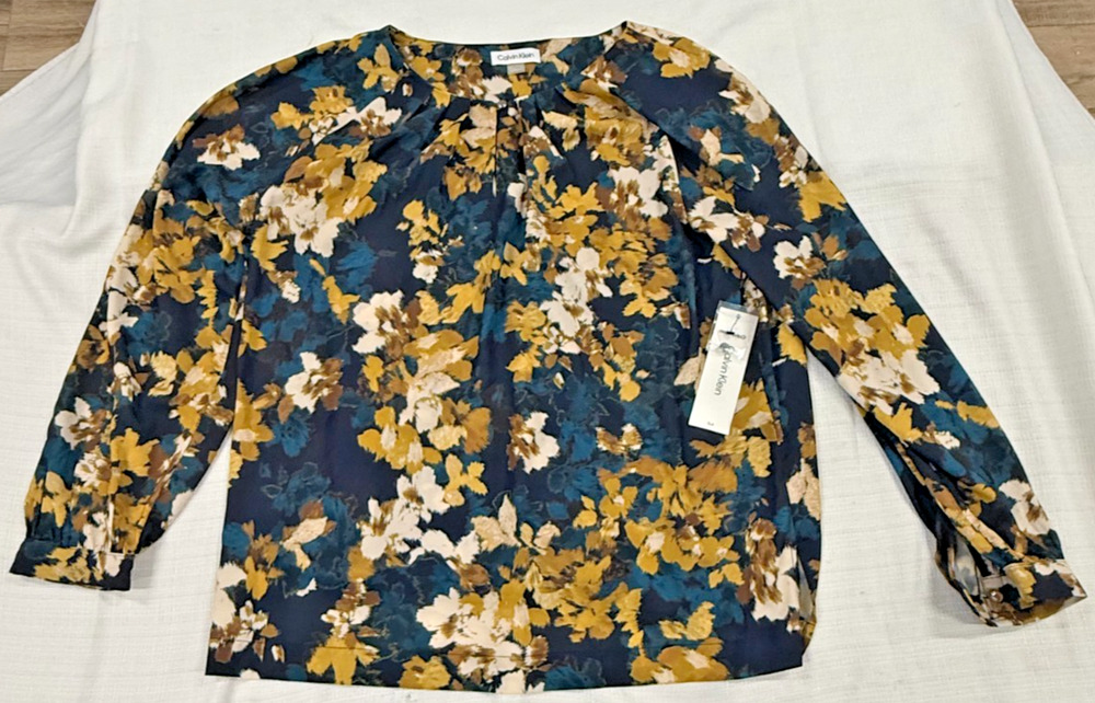 Calvin Klein Womens XL Floral Blouse Navy Gold 3/4 Sleeve Pleated Neck NWT $89